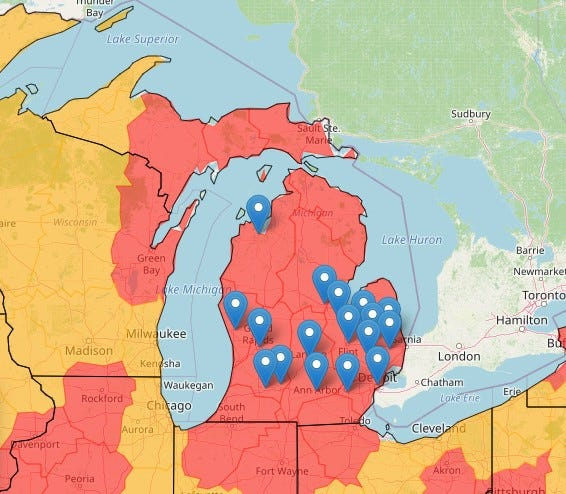 Allergy map for Michigan on Tuesday, May 26, showing most of the state under a high pollen count and the western Upper Peninsula under a medium-high count.