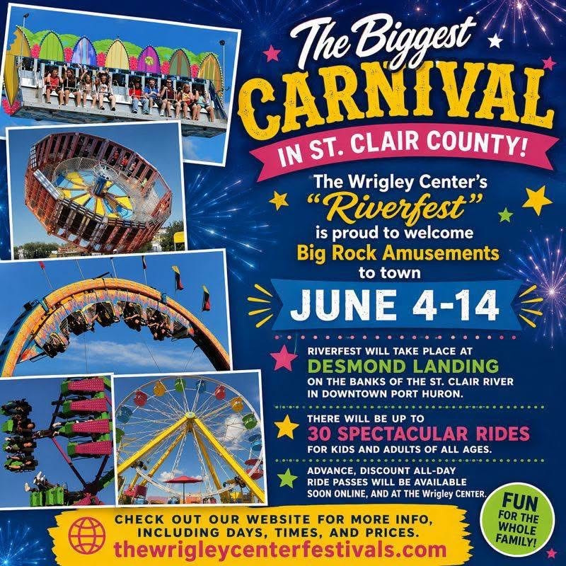 A promotional flyer for Riverfest, a new carnival and festival planned for June 4-14 at Desmond Landing in downtown Port Huron. The event will feature rides, games, live music and food vendors.