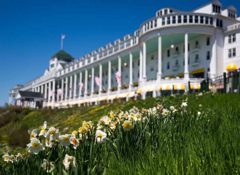 Daffodils are in bloom in front of The Grand Hotel on Mackinac Island as the Mackinac Policy Conference begins on Tuesday, May 26, 2026.