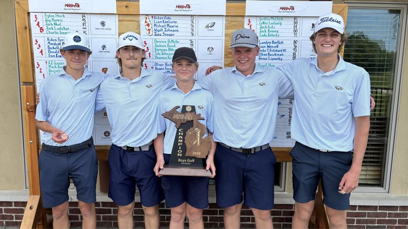 Hartland golfers (from left) Wyatt Johnson, Michael Maurin, Jase Sensor, Liam Kastamo and Aidan Oake won a regional championship on Tuesday, May 26, 2026 at Dunham Hills Golf Club.