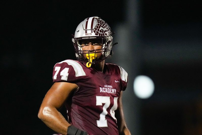 Columbus Academy's Reinaldo Perez (74) looks at the sideline in the first half of the game at Columbus Academy on Friday, Oct. 3, 2025 in Gahanna, Ohio.