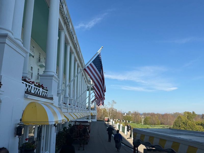 Flags are shown on display at the Grand Hotel on Mackinac Island on Tuesday, May 26, 2026.