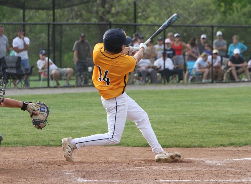 Michael Bernardi singles home the winning run in the bottom of the seventh inning, giving Hartland a 5-4 victory over Brighton in a pre-district baseball game on Tuesday, May 26, 2026.