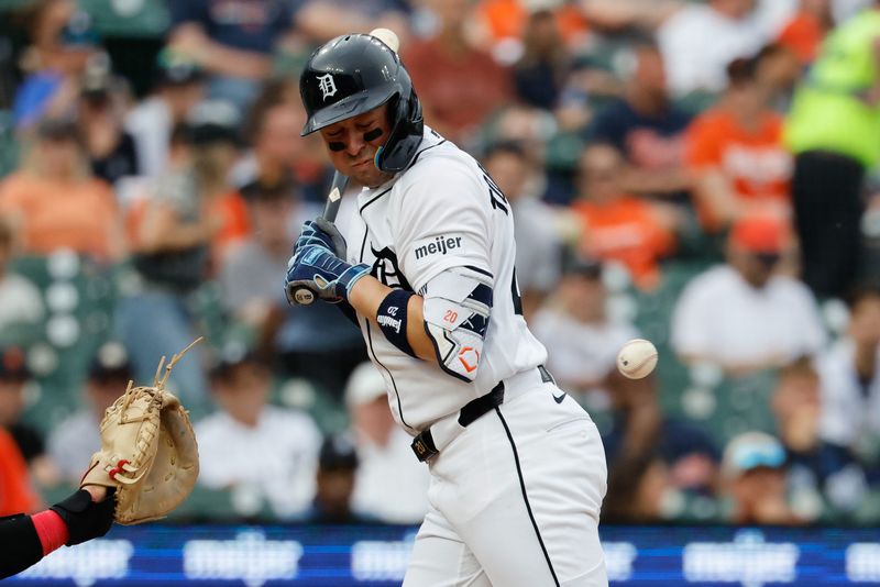 Detroit Tigers first baseman Spencer Torkelson (20) is hit by a pitch in the second inning against the Los Angeles Angels at Comerica Park in Detroit on Tuesday, May 26, 2026.