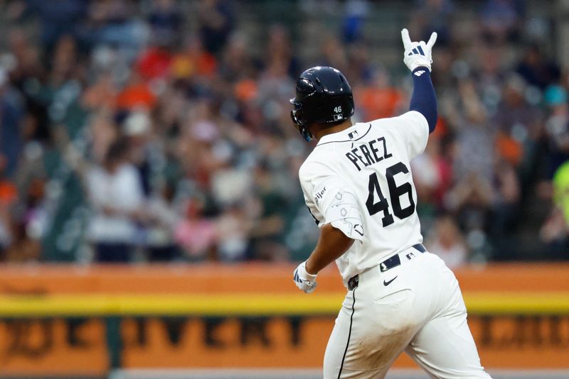 May 26, 2026; Detroit, Michigan, USA; Detroit Tigers right fielder Wenceel Perez (46) celebrates after he hits a home run in the sixth inning against the Los Angeles Angels at Comerica Park. Mandatory Credit: Rick Osentoski-Imagn Images