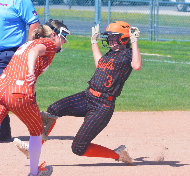 Cheboygan senior Tessa Lake slides into second base during a pre-district softball game against Harbor Springs on Tuesday, May 26. Lake has been a standout player for the Chiefs in recent seasons, and she's also aiming to help lead Cheboygan to a district title.