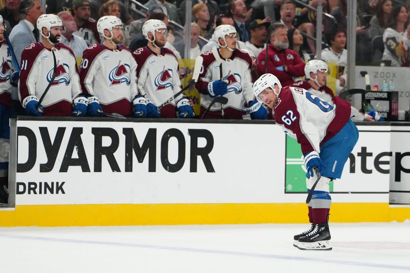 Avalanche left wing Artturi Lehkonen (62) skates between play during the second period against the Golden Knights in Game 4 of the Western Conference Final of the 2026 Stanley Cup Playoffs at T-Mobile Arena.