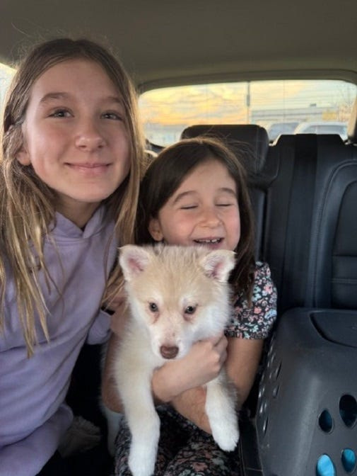 Beth Bond's daughters Madsen, left, and James with the family's Husky mix, Kya. James and Kya are both prone to carsickness.