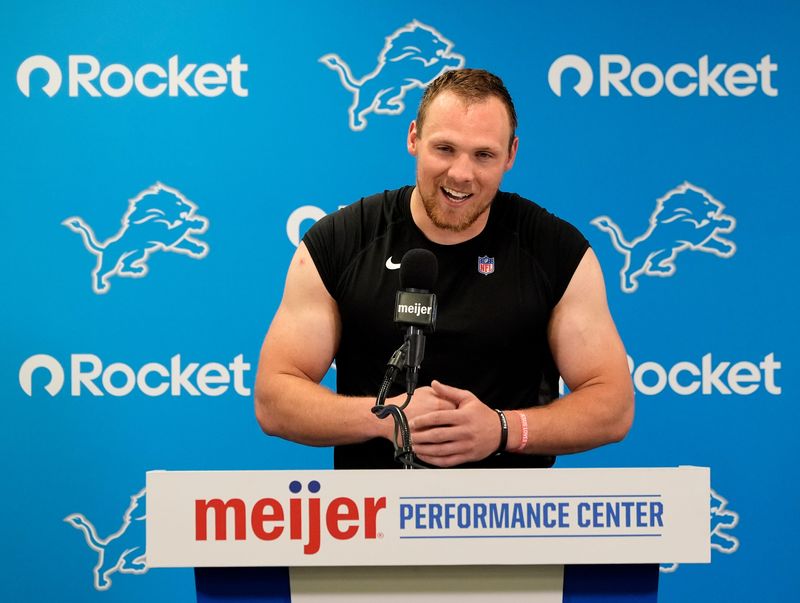Detroit Lions linebacker Jack Campbell laughs and talks with the media during questions at a press conference at the Detroit Lions Meijer Performance Center in Allen Park on Wednesday, May 27, 2026.
He signed a 4-year extension worth $81 million in new money and it includes an $8.612 million signing bonus.