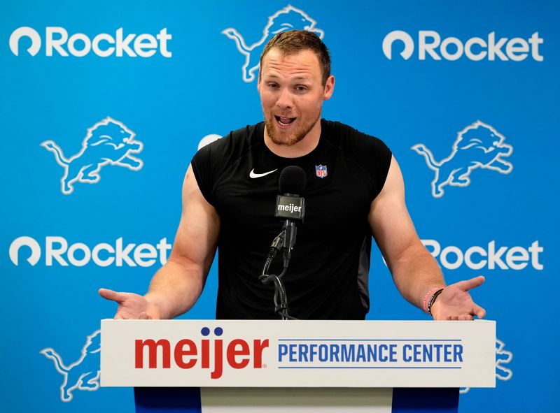 Detroit Lions linebacker Jack Campbell laughs and talks with the media during questions at a press conference at the Detroit Lions Meijer Performance Center in Allen Park on Wednesday, May 27, 2026.
He signed a 4-year extension worth $81 million in new money and it includes an $8.612 million signing bonus.