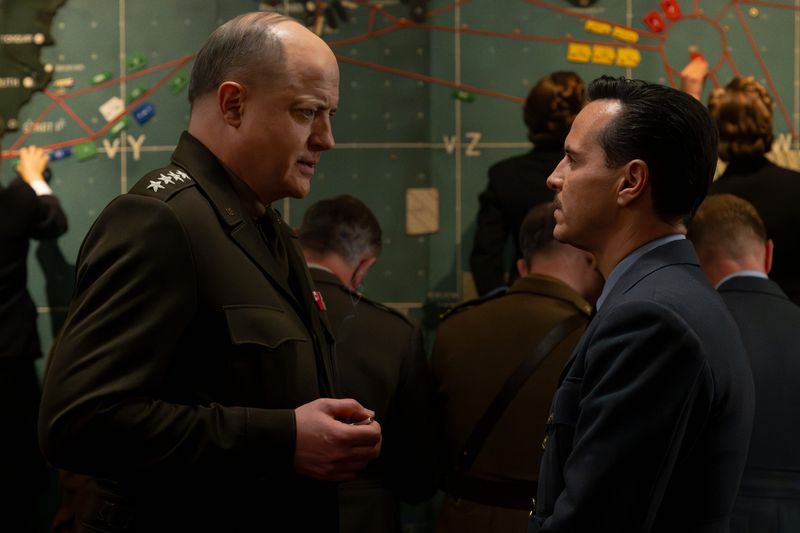 Brendan Fraser as General Dwight D. Eisenhower and Andrew Scott as Captain James Stagg in director Anthony Maras' "Pressure," a Focus Features release.