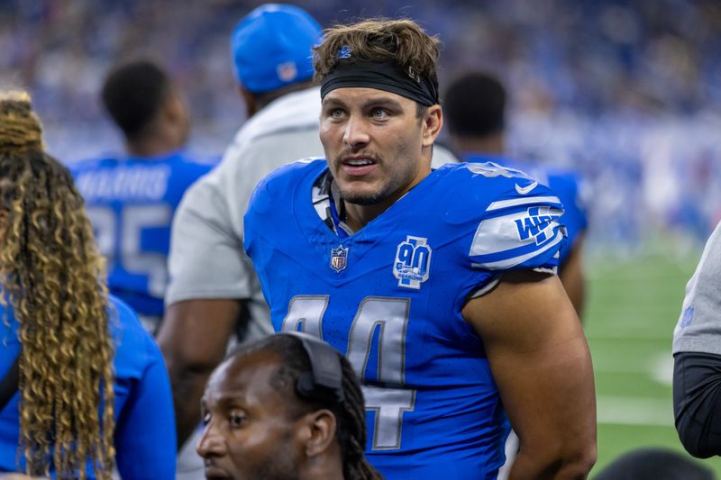 Aug 11, 2023; Detroit, Michigan, USA; Detroit Lions linebacker Malcolm Rodriguez (44) looks on in from the bench in the fourth quarter against the New York Giants at Ford Field. Mandatory Credit: David Reginek-USA TODAY Sports