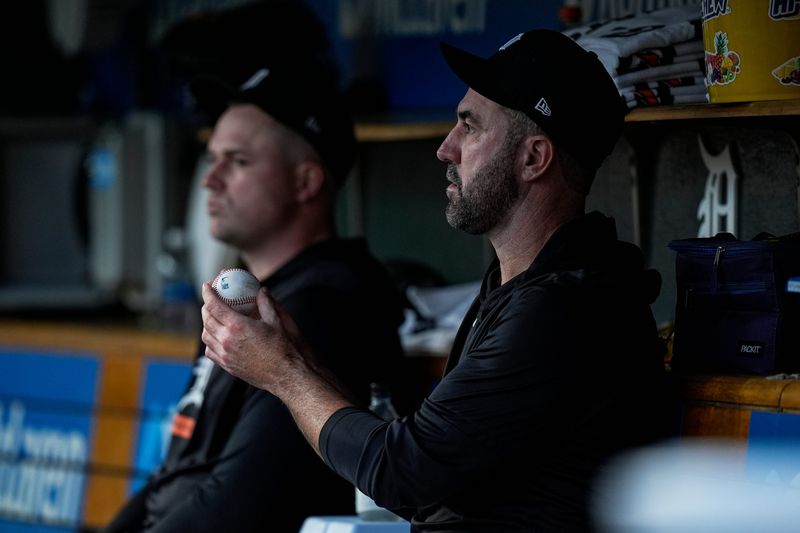 Detroit Tigers pitcher Justin Verlander watches a play from the dugout during the fifth inning between Detroit Tigers and Los Angeles Angels at Comerica Park in Detroit on Wednesday, May 27, 2026.