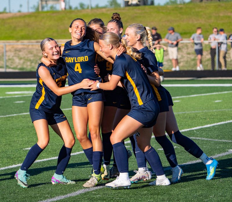 Gaylord soccer celebrates a Raygen Drzewiecki second half goal during an 8-0 win over Alpena in an MHSAA district semifinal matchup on Wednesday, May 27.