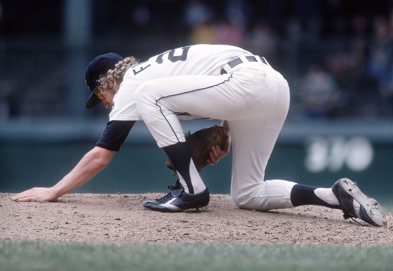 Pitcher Mark Fidrych on the mound at Tiger Stadium during the 1978 season.