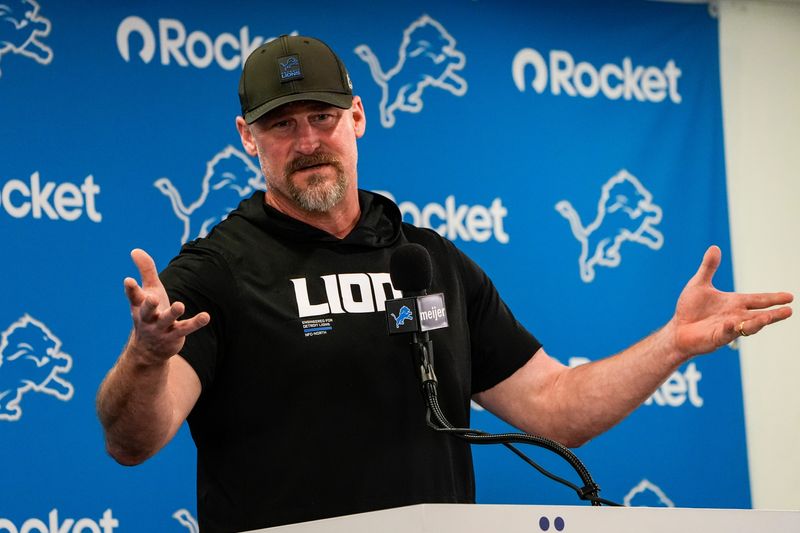 Detroit Lions head coach Dan Campbell answers a question before OTAs at Meijer Performance Center in Allen Park on Friday, May 29, 2026.