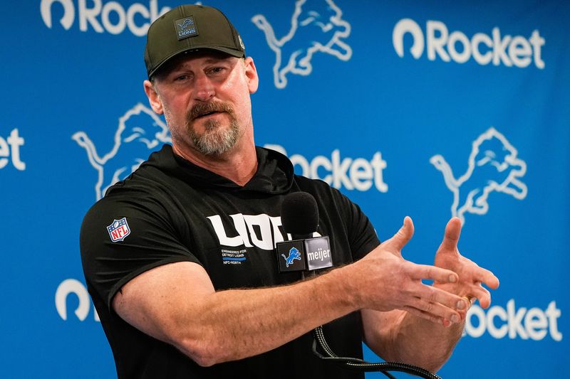 Detroit Lions head coach Dan Campbell answers a question before OTAs at Meijer Performance Center in Allen Park on Friday, May 29, 2026.