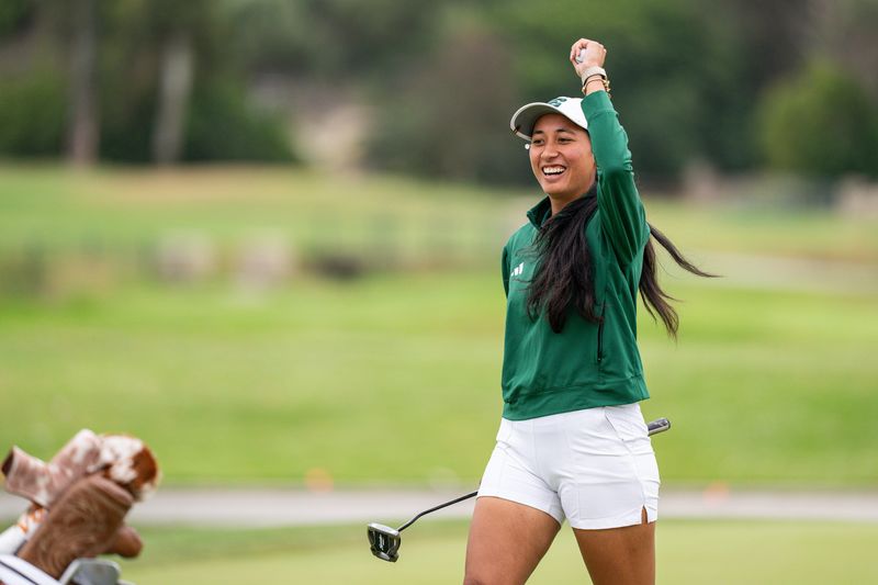 Eastern Michigan senior Jasmine Leovao celebrates a putt at the NCAA women's golf championships at Omni La Costa Golf Course in Carlsbad, California, on Tuesday, May 26, 2026.