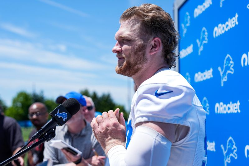Detroit Lions defensive end Aidan Hutchinson (97) speaks to media after practice during OTAs at Meijer Performance Center in Allen Park on Friday, May 29, 2026.