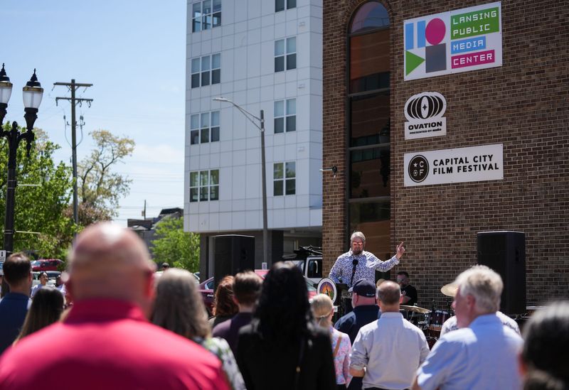 Jason Gabriel, director of the Lansing Public Media Center, speaks Friday, May 29, 2026, during the special ribbon cutting event for the Lansing Public Media center and forthcoming Ovation Center for Music and Arts in downtown Lansing.