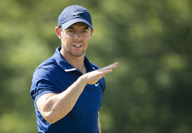 Rory McIlroy hits on the driving range during a practice round ahead of the 2026 Memorial Tournament at Muirfield Village Golf Club.