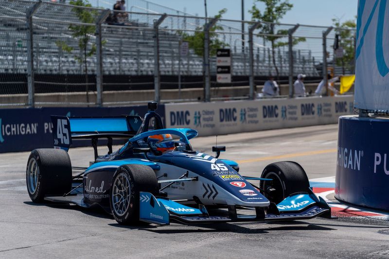 The No. 45 Indy NTT car navigates the downtown street circuit during the Indy NXT practice at the Chevrolet Detroit Grand Prix presented by Lear in Detroit on Friday, May 29, 2026.