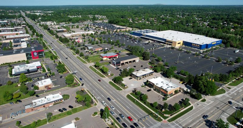 An aerial shows Ford and Haggerty Road near the Ikea in Canton on Friday, May 29, 2026.