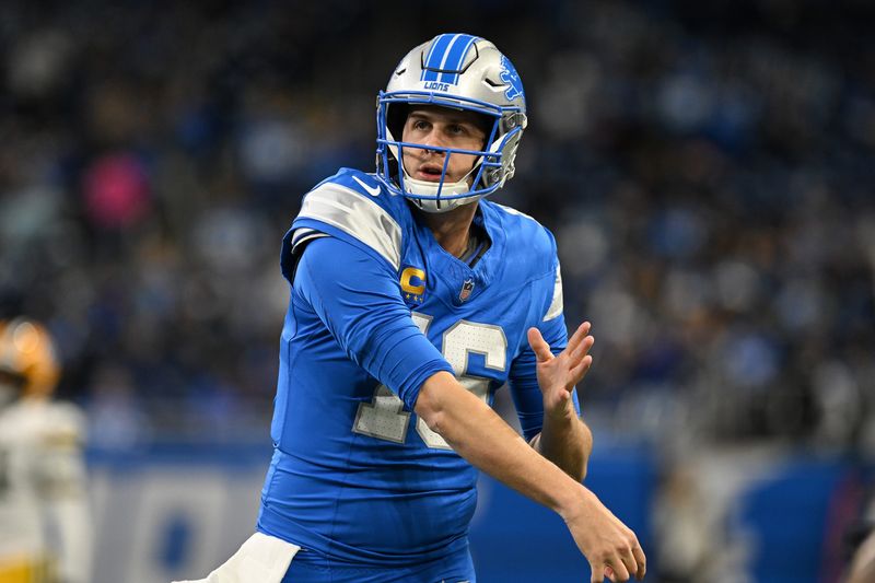 Dec 5, 2024; Detroit, Michigan, USA; Detroit Lions quarterback Jared Goff (16) throws passes during pregame warmups before their game against the Green Bay Packers at Ford Field. Mandatory Credit: Lon Horwedel-Imagn Images