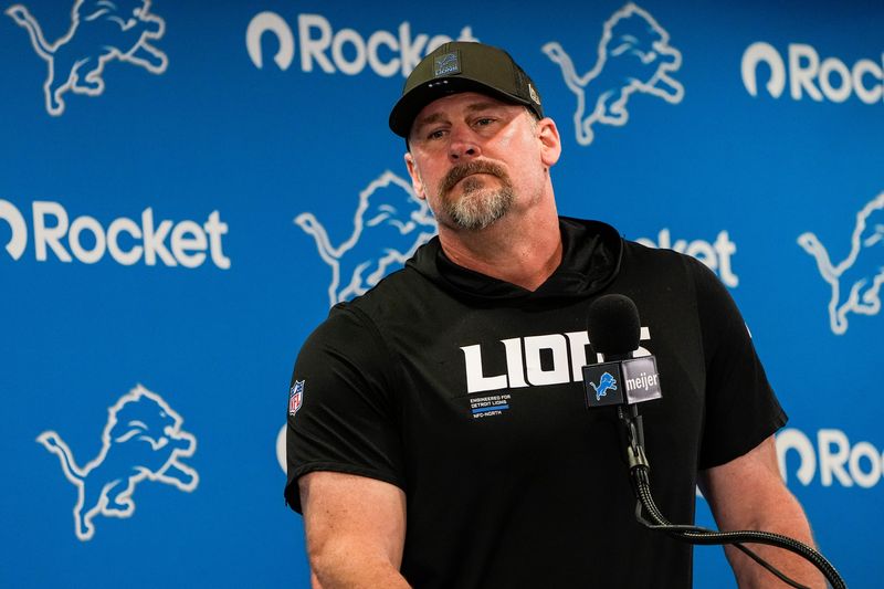 Detroit Lions head coach Dan Campbell answers a question before OTAs at Meijer Performance Center in Allen Park on Friday, May 29, 2026.
