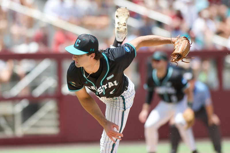 Coastal Carolina pitcher Cameron Flukey pitched against Florida State in the Tallahassee Regional elimination game on Saturday, May 30, 2026.