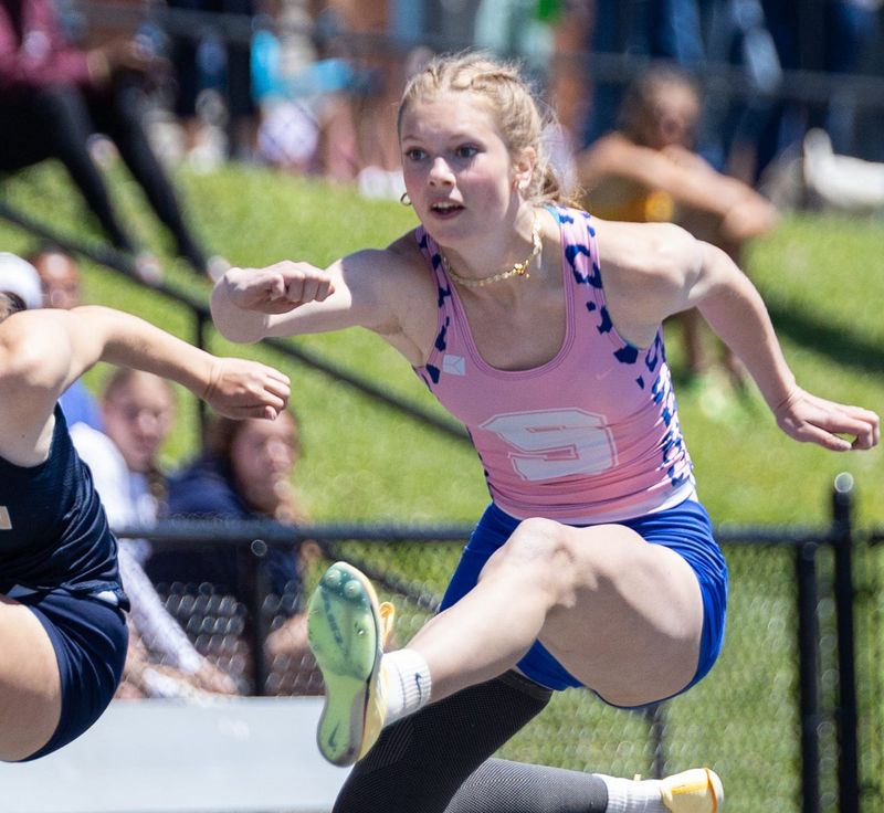 Saugatuck's Novella DeGraaf competes in the 110 meter hurdles during the Division 3 state championship on Saturday, May 30.