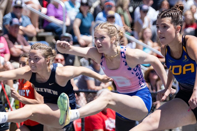 Saugatuck's Novella DeGraaf competes in the 110 meter hurdles during the Division 3 state championship on Saturday, May 30.