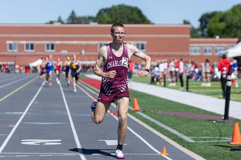 Charlevoix's Hunter Eaton competes in the 3200 during the Division 3 Track and Field State Championship on Saturday, May 30.