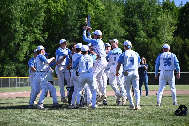 The Richmond baseball team celebrates after beating St. Clair, 6-1, in a Division 2 district final at Yale High School on Saturday, May 30.