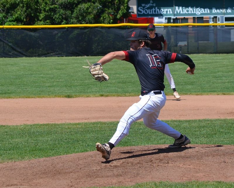 Marshall pitcher Colin Stealy throws home in this Division 2 district tournament game at Coldwater High School on Saturday, May 30.