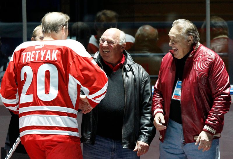 Ex-Red Wing Dennis Hull, center, and Phil Esposito, right, greet former rival Russian hockey legend Vladislav Tretiak during the starting ceremony for an exhibition game in 2012 to mark the anniversary of USSR-Canada 1972 summit series in Moscow.