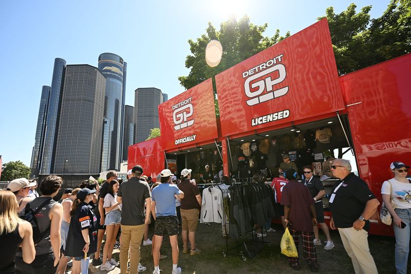 People line up to get some Detroit Grand Prix gear before the Detroit Grand Prix on May 31, 2026 in Detroit.