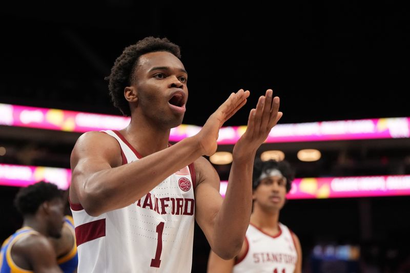 Mar 10, 2026; Charlotte, NC, USA; Stanford Cardinal guard Ebuka Okorie (1) reacts in the second half at Spectrum Center. Mandatory Credit: Bob Donnan-Imagn Images