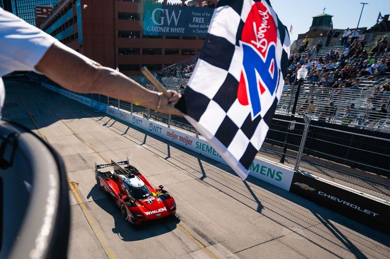 The #31 Cadillac takes the checkered flag in the GTP class at the Detroit Grand Prix on Saturday, May 30, 2026.
