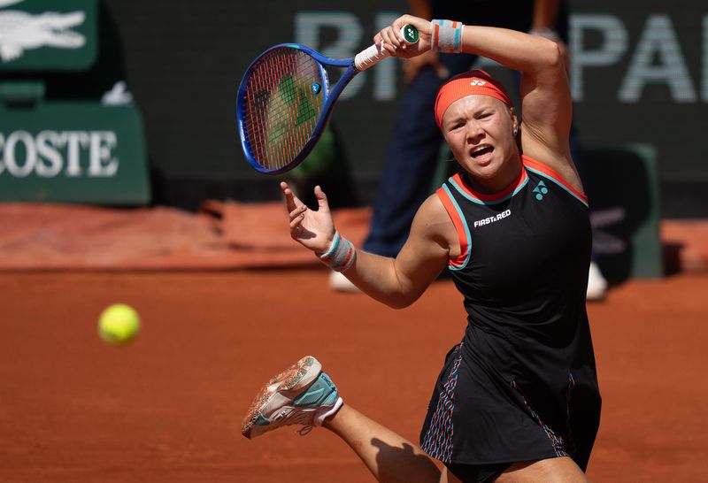 Jun 1, 2026; Paris, France; Diana Shnaider returns a shot during her match against Madison Keys of the United States on day nine at Stade Roland Garros. Mandatory Credit: Susan Mullane-Imagn Images