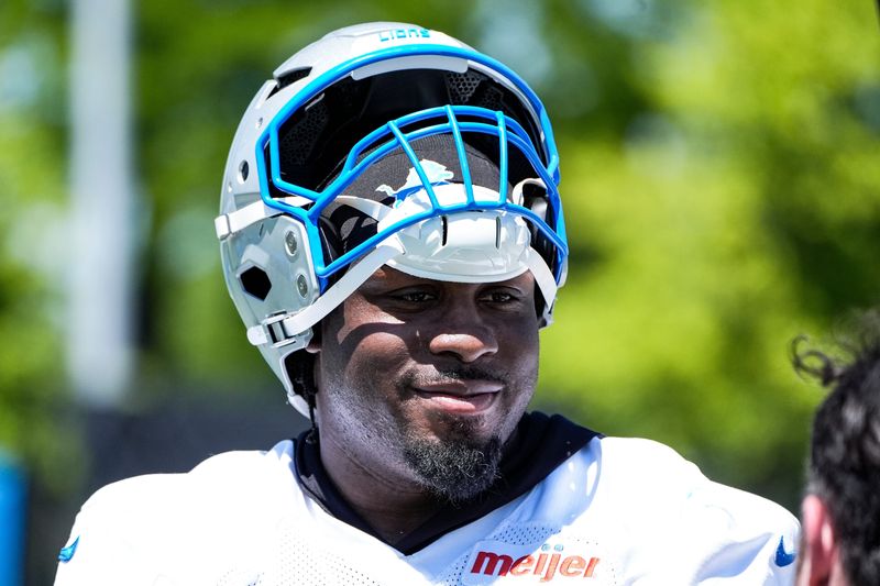 Detroit Lions defensive tackle Levi Onwuzurike (95) is being interviewed after practice during OTAs at Meijer Performance Center in Allen Park on Friday, May 29, 2026.