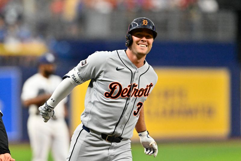 Jun 1, 2026; St. Petersburg, Florida, USA; Detroit Tigers outfielder Kerry Carpenter (30) celebrates a home run during the third inning against Tampa Bay Rays at Tropicana Field. Mandatory Credit: Pablo Robles-Imagn Images