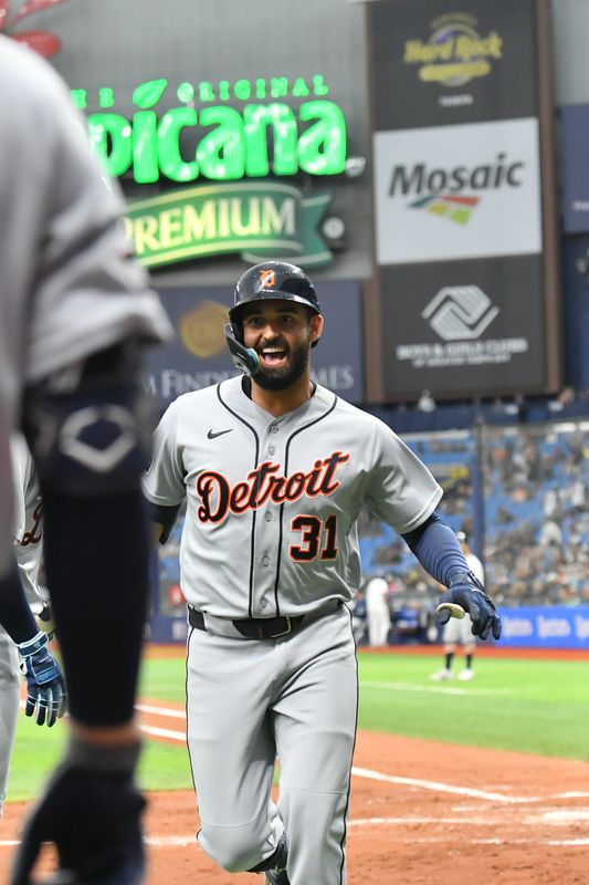 Jun 1, 2026; St. Petersburg, Florida, USA; Detroit Tigers outfielder Riley Green (31) celebrates a home run during the third inning against Tampa Bay Rays at Tropicana Field. Mandatory Credit: Pablo Robles-Imagn Images
