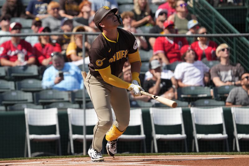Mar 10, 2026; Tempe, Arizona, USA; San Diego Padres center fielder Jase Bowen (45) hits against the Los Angeles Angels in the first inning at Tempe Diablo Stadium. Mandatory Credit: Rick Scuteri-Imagn Images