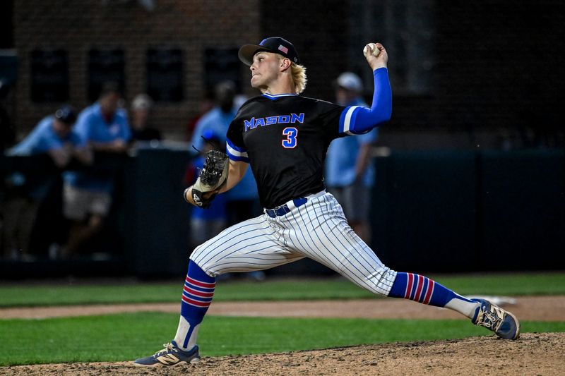 Mason's Colton McCaleb pitches to a Lansing Catholic batter in the seventh inning on Monday, June 1, 2026, during the Diamond Classic final at McLane Stadium in East Lansing.