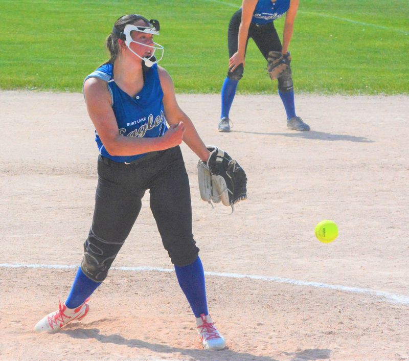 NMCA senior pitcher Ariel Tucker throws during an MHSAA Division 4 district softball semifinal against Harbor Light at Pellston on Friday, May 29. Tucker’s big senior season helped her earn the Northern Lakes Conference softball player of the year honor.
