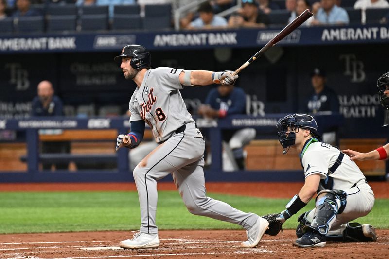 Jun 2, 2026; St. Petersburg, Florida, USA; Detroit Tigers centerfielder Matt Vierling (8) hits an RBI double in the second inning against the Tampa Bay Rays at Tropicana Field. Mandatory Credit: Jonathan Dyer-Imagn Images