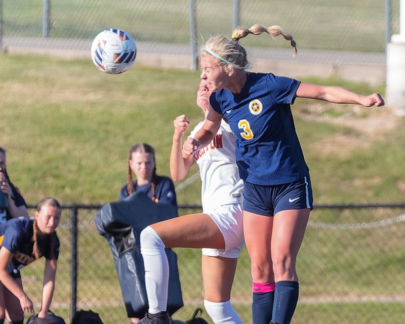 Paige Sundman heads the ball into the net with 1:30 left in the game, giving Hartland a 4-3 victory over Brighton in a regional semifinal soccer game on Tuesday, June 2, 2026 at Clarkston High School.