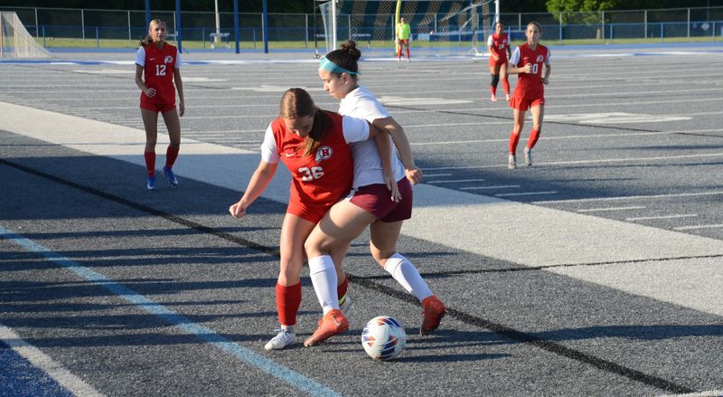 New Boston Huron's Miley Skamiera slips past Katelyn Dominski of Riverview during the semifinals of the Division 2 Regional at Ypsilanti Lincoln on Tuesday, June 2, 2026.