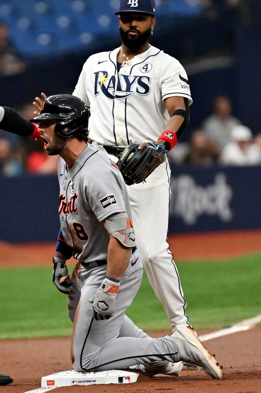 Detroit Tigers centerfielder Matt Vierling (8) reacts after hitting a triple in the first inning against the Tampa Bay Rays at Tropicana Field in St. Petersburg, Florida, on Tuesday, June 2, 2026.